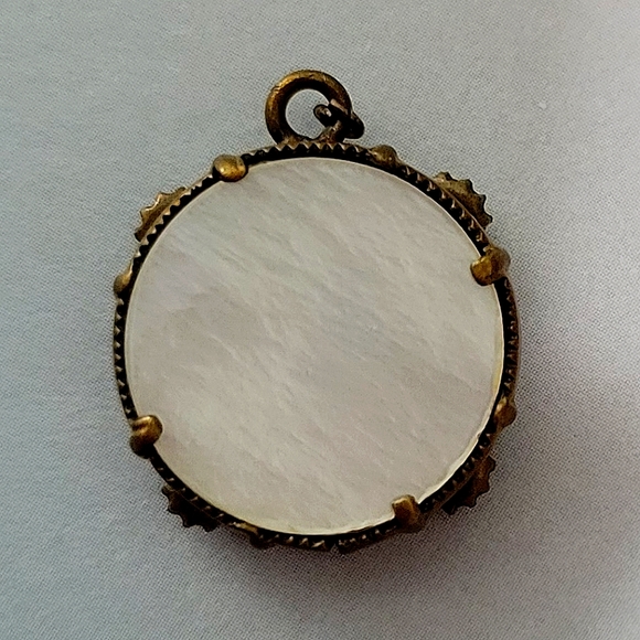 Antique 1800s Mother of Pearl Tambourine Pendant w/Moving Parts. ¾" - Picture 9 of 10
